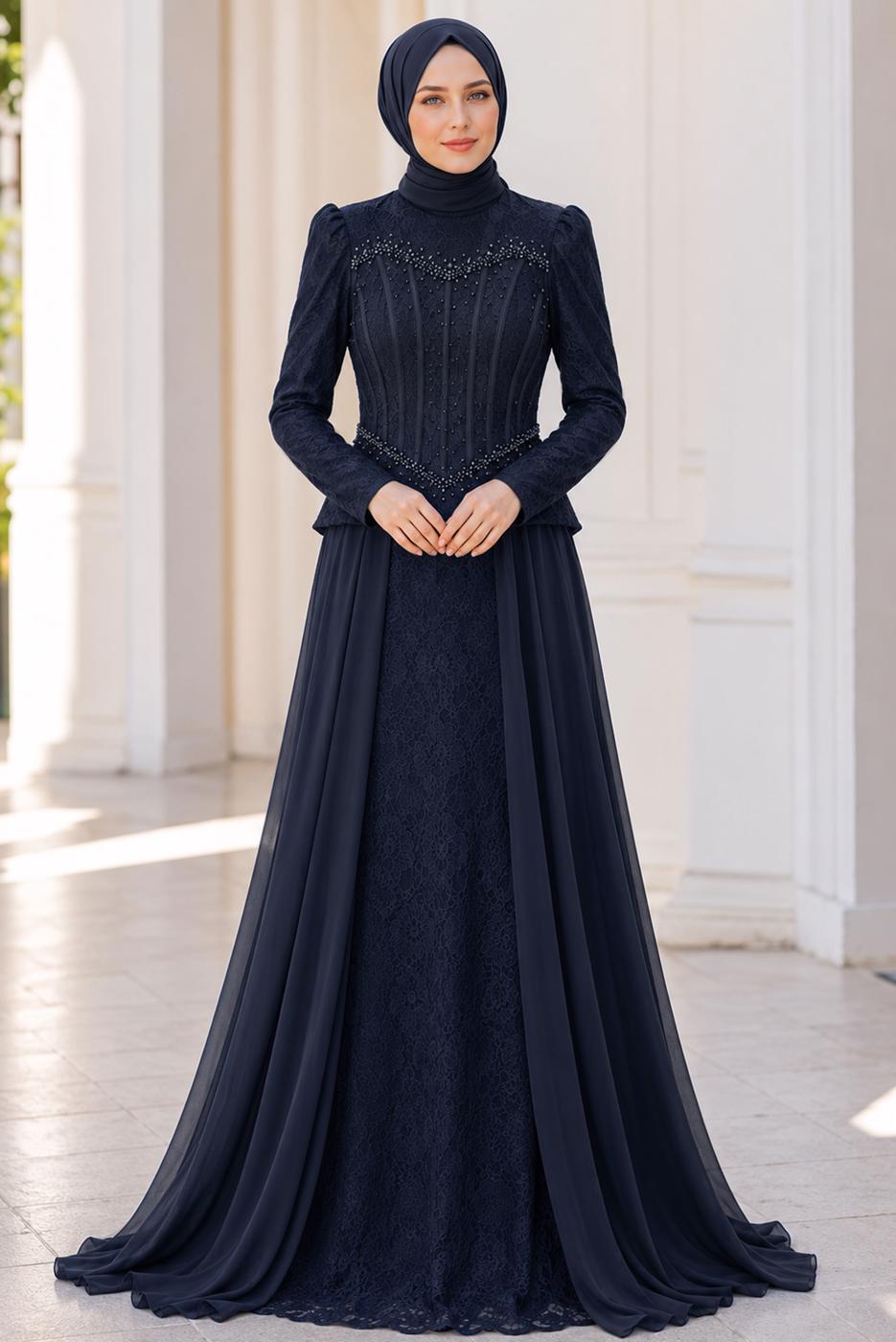 Hijab clothing NAVY BLUE BEAD EMBROIDERED EVENING DRESS T 5325