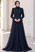 Hijab clothing NAVY BLUE BEAD EMBROIDERED EVENING DRESS T 5325