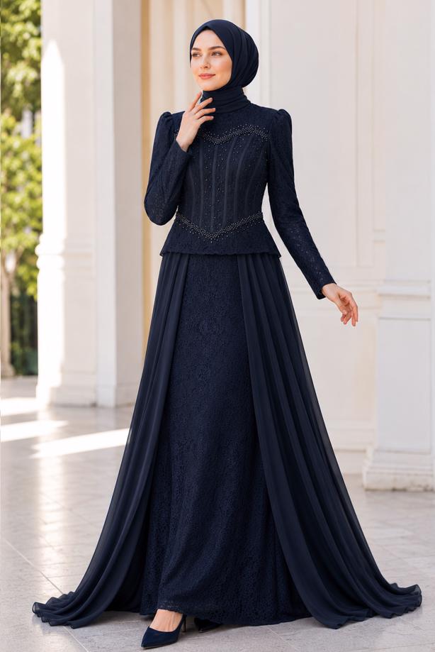 Hijab clothing NAVY BLUE BEAD EMBROIDERED EVENING DRESS T 5325 - TRENDTESETTÜR