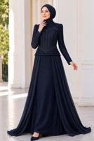 Hijab clothing NAVY BLUE BEAD EMBROIDERED EVENING DRESS T 5325