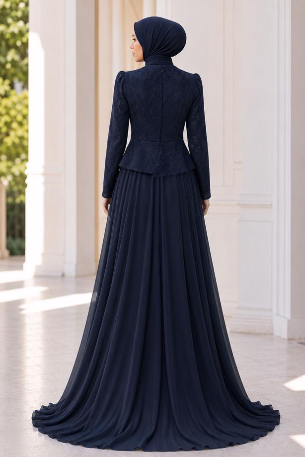 Hijab clothing NAVY BLUE BEAD EMBROIDERED EVENING DRESS T 5325 - TRENDTESETTÜR