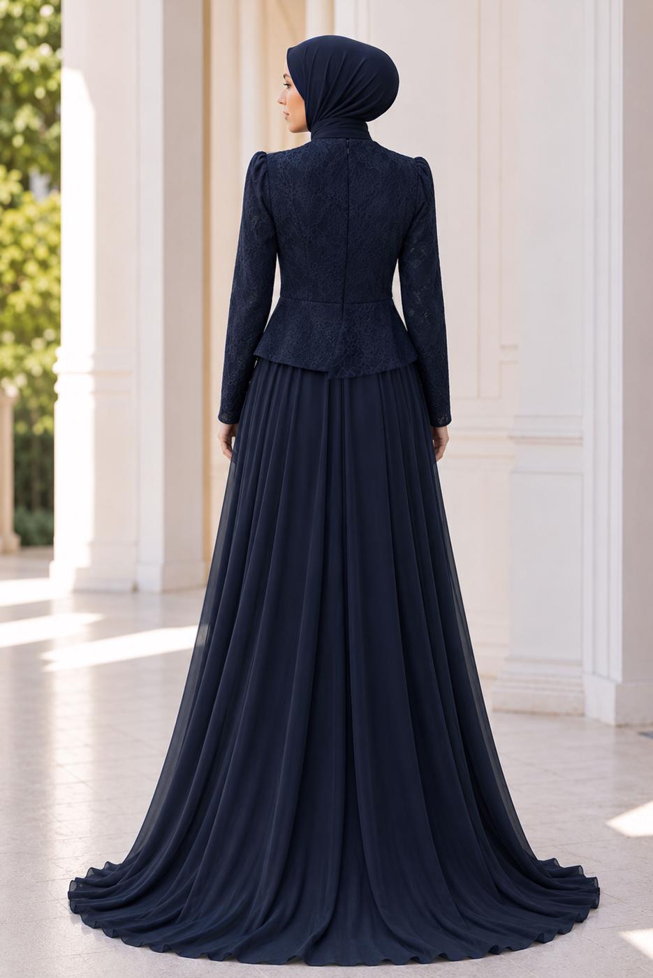 Hijab clothing NAVY BLUE BEAD EMBROIDERED EVENING DRESS T 5325