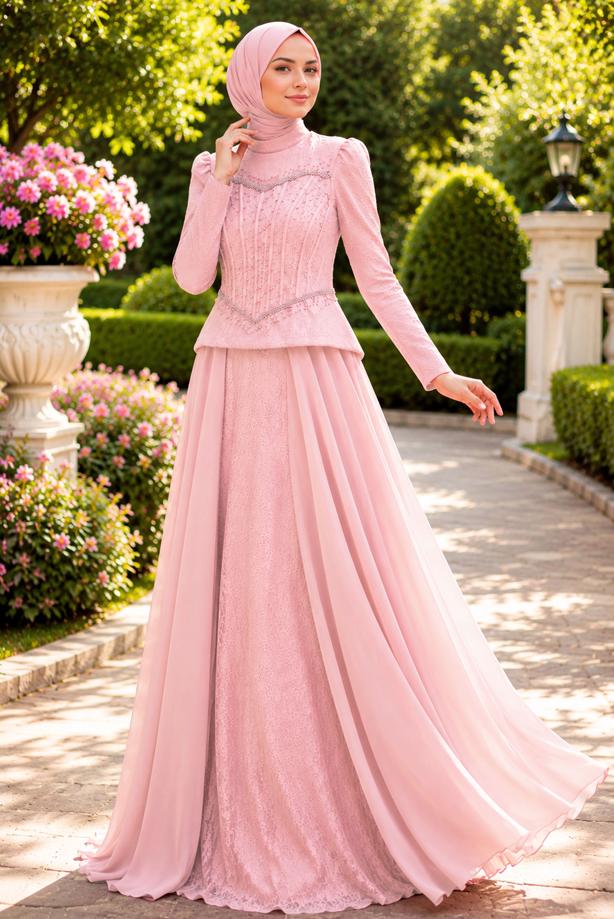 Tesettür giyim PEMBE BONCUK İŞLEMELİ ABİYE ELBİSE T 5325 - TRENDTESETTÜR