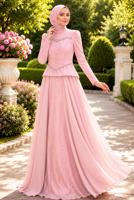 Tesettür giyim PEMBE BONCUK İŞLEMELİ ABİYE ELBİSE T 5325