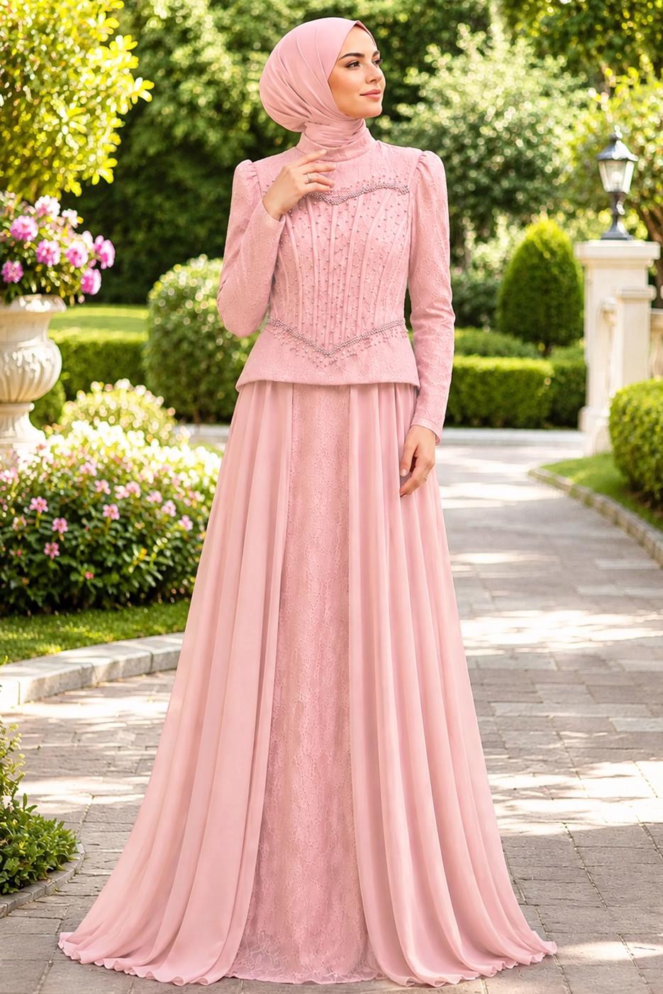 Tesettür giyim PEMBE BONCUK İŞLEMELİ ABİYE ELBİSE T 5325