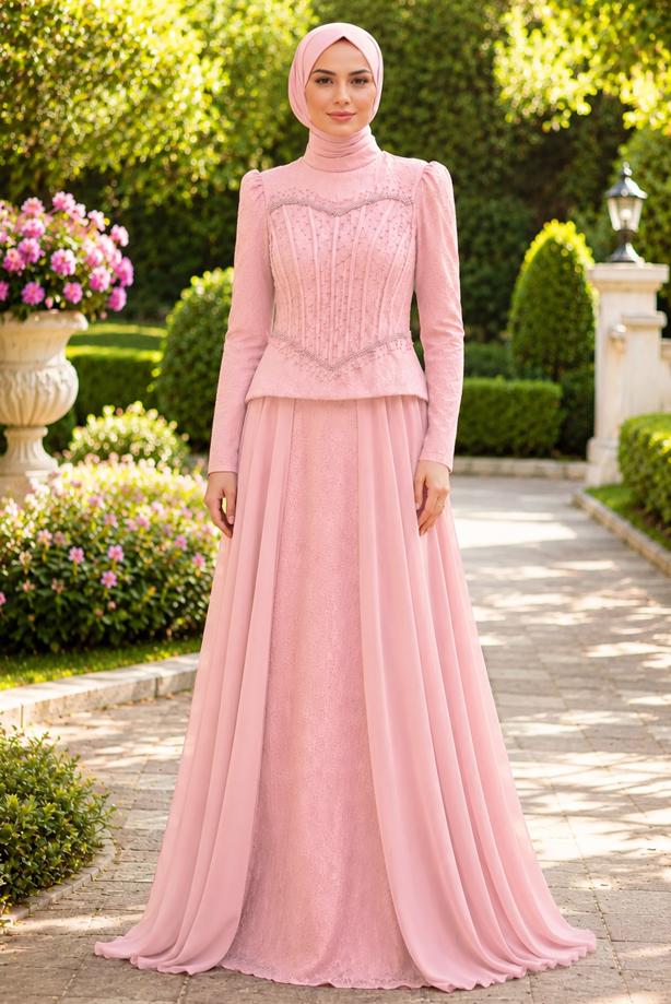 Tesettür giyim PEMBE BONCUK İŞLEMELİ ABİYE ELBİSE T 5325 - TRENDTESETTÜR