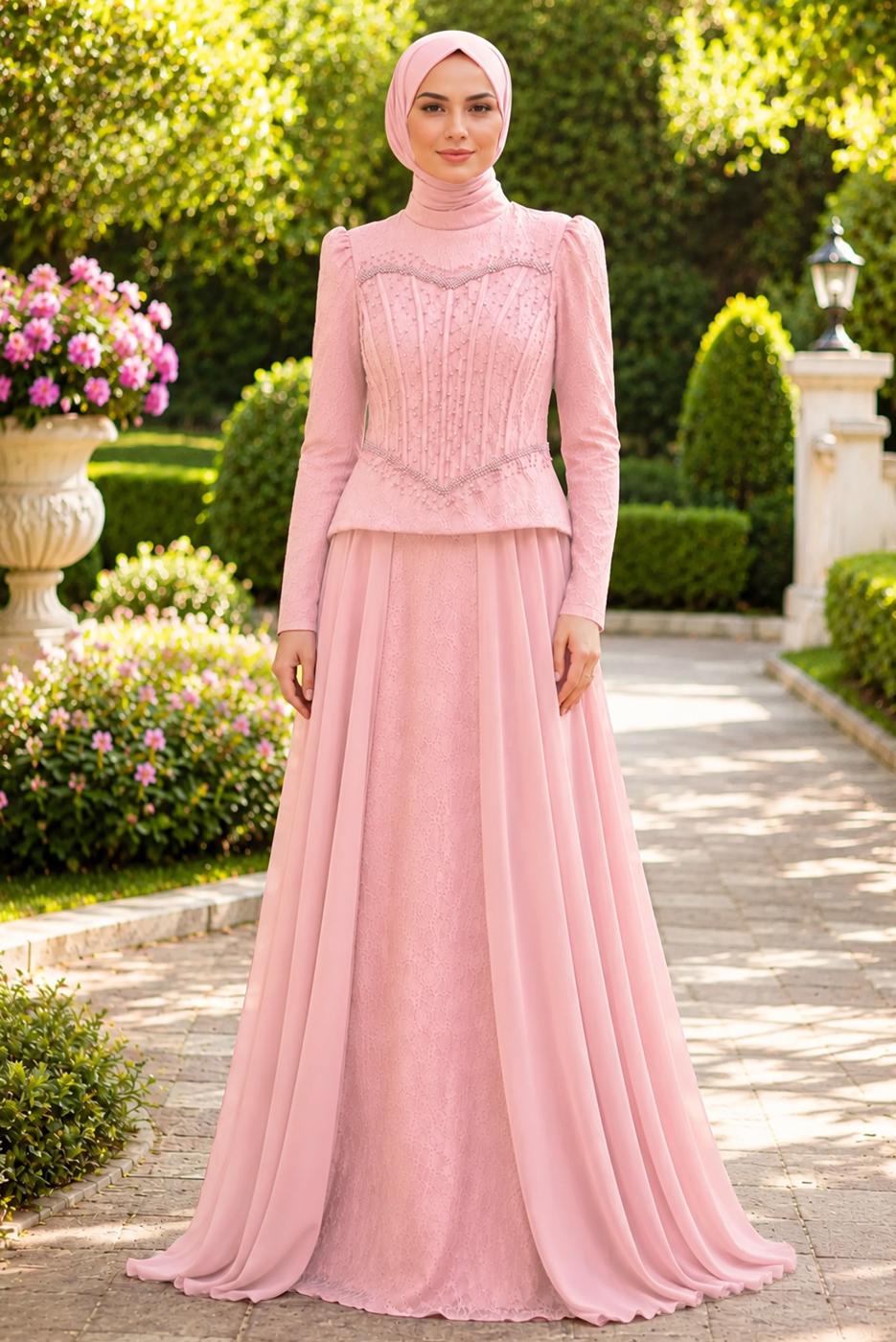 Tesettür giyim PEMBE BONCUK İŞLEMELİ ABİYE ELBİSE T 5325