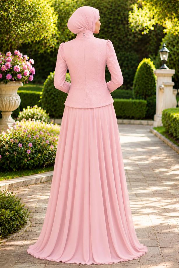 Tesettür giyim PEMBE BONCUK İŞLEMELİ ABİYE ELBİSE T 5325 - TRENDTESETTÜR
