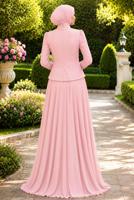 Tesettür giyim PEMBE BONCUK İŞLEMELİ ABİYE ELBİSE T 5325