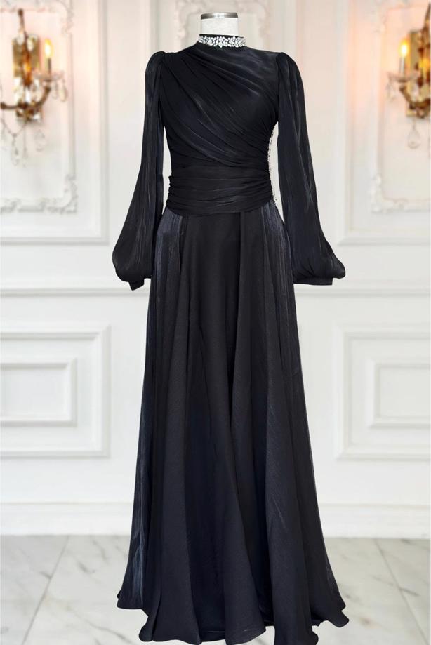 Tesettür giyim SİYAH DRAPELİ ABİYE ELBİSE T 5365 - TRENDTESETTÜR