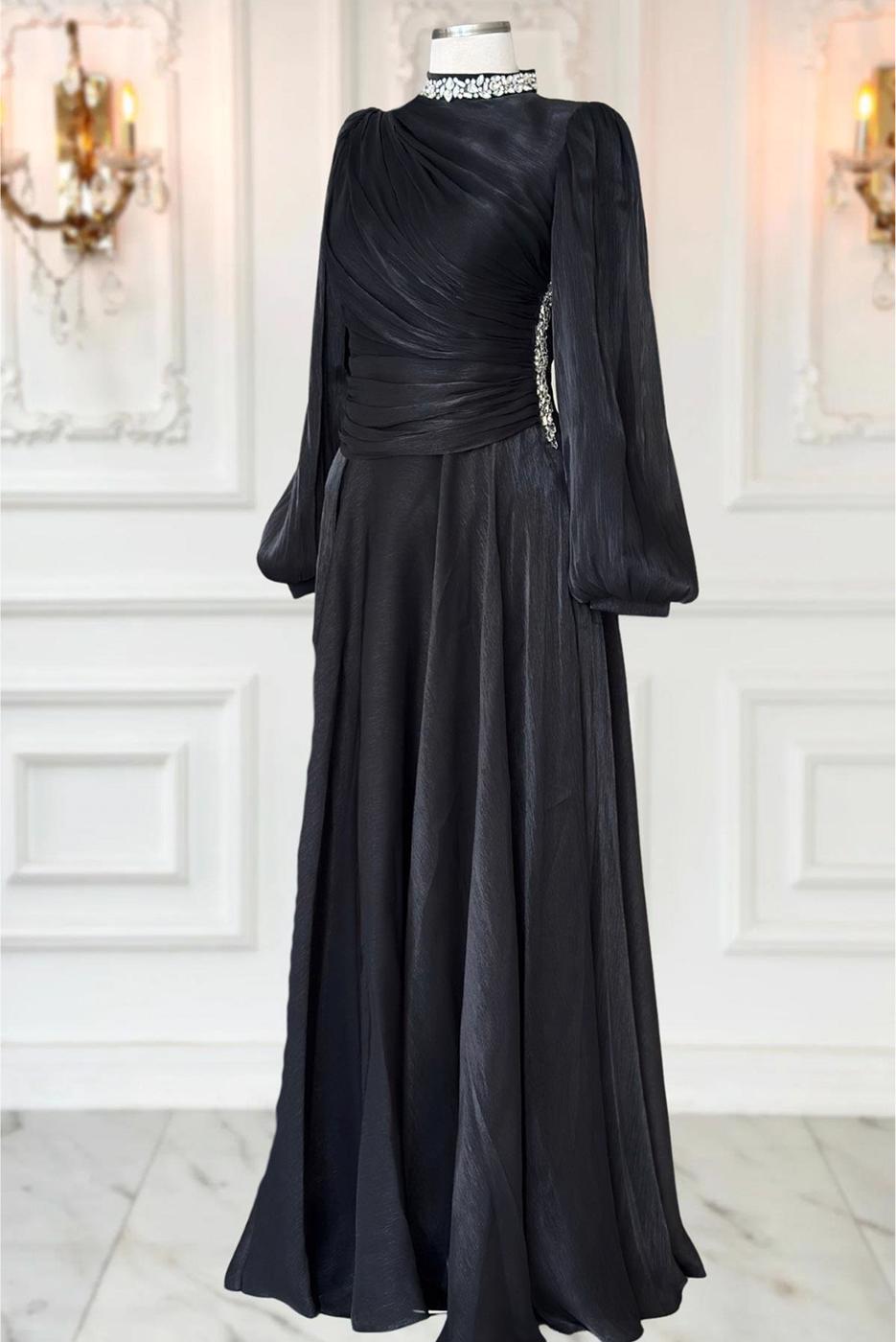 Tesettür giyim SİYAH DRAPELİ ABİYE ELBİSE T 5365