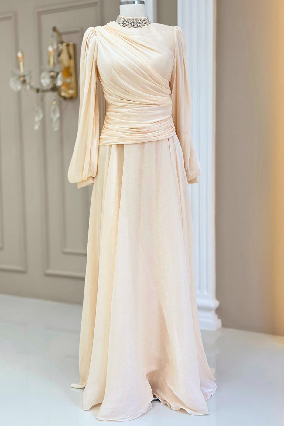 Tesettür giyim KREM DRAPELİ ABİYE ELBİSE T 5365