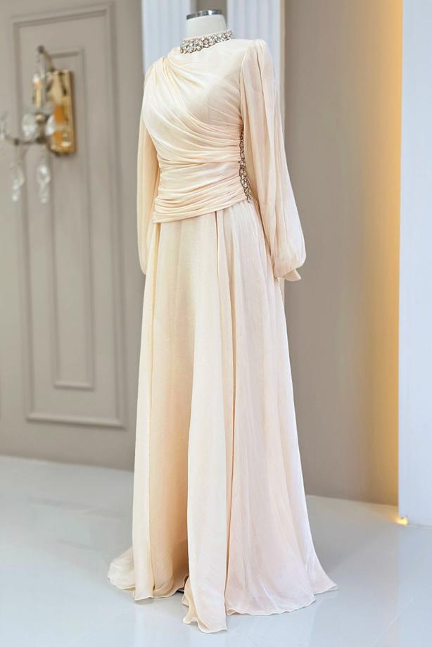 Tesettür giyim KREM DRAPELİ ABİYE ELBİSE T 5365 - TRENDTESETTÜR