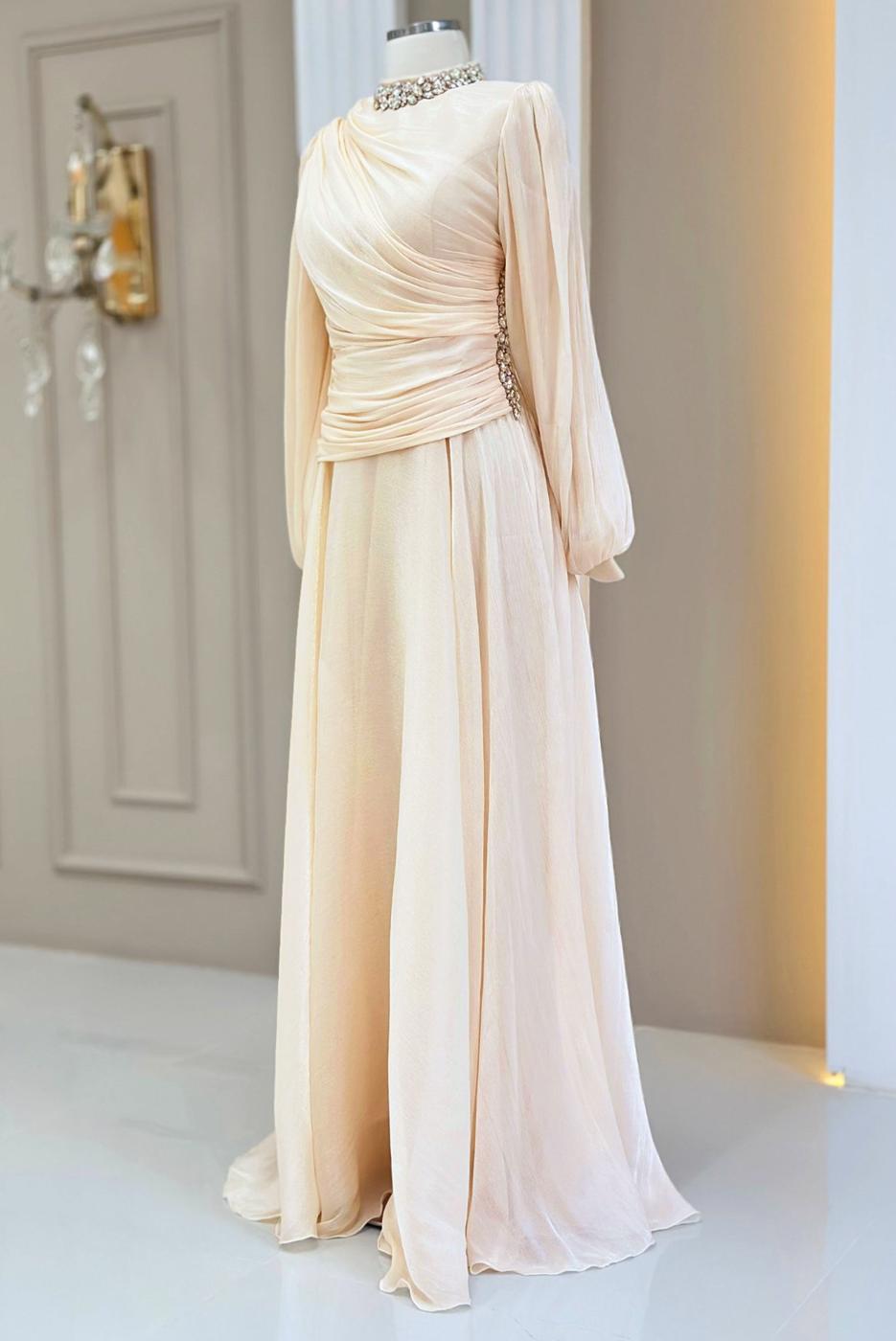 Tesettür giyim KREM DRAPELİ ABİYE ELBİSE T 5365