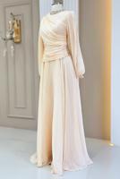 Tesettür giyim KREM DRAPELİ ABİYE ELBİSE T 5365