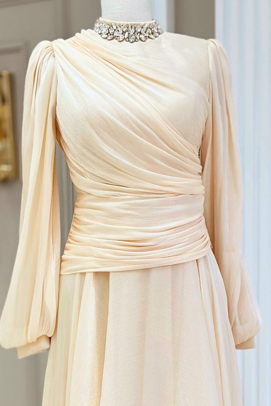 Tesettür giyim KREM DRAPELİ ABİYE ELBİSE T 5365