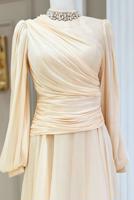 Tesettür giyim KREM DRAPELİ ABİYE ELBİSE T 5365