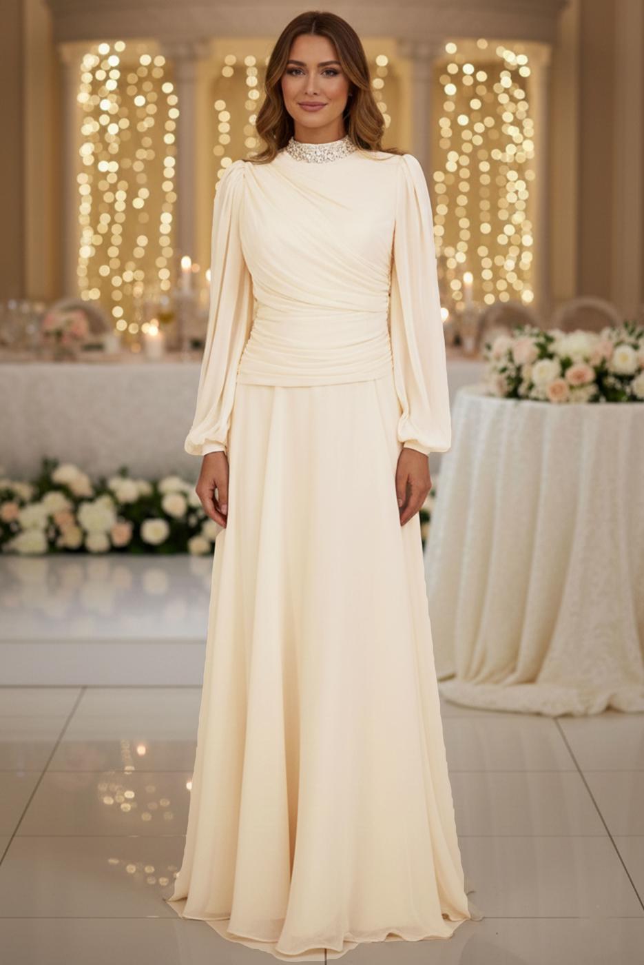 Hijab clothing CREAM DRAPED EVENING DRESS T 5365