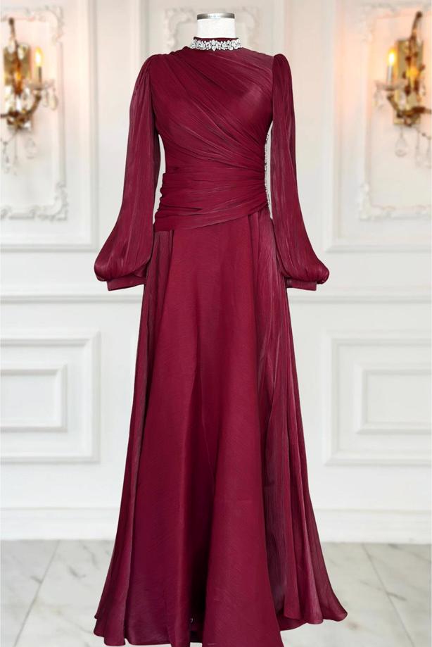 Tesettür giyim BORDO DRAPELİ ABİYE ELBİSE T 5365 - TRENDTESETTÜR