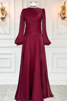 Tesettür giyim BORDO DRAPELİ ABİYE ELBİSE T 5365