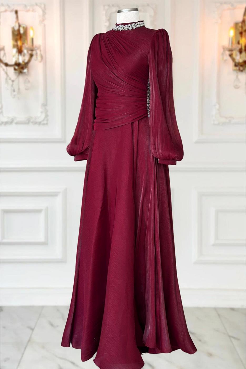 Tesettür giyim BORDO DRAPELİ ABİYE ELBİSE T 5365