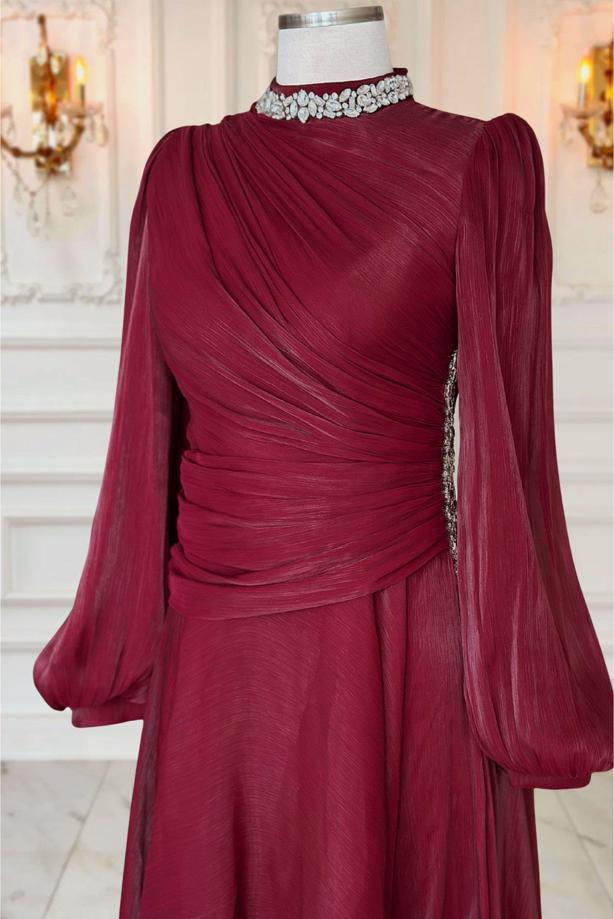 Tesettür giyim BORDO DRAPELİ ABİYE ELBİSE T 5365 - TRENDTESETTÜR