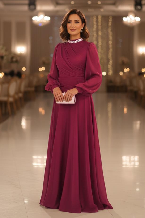 Tesettür giyim BORDO DRAPELİ ABİYE ELBİSE T 5365 - TRENDTESETTÜR