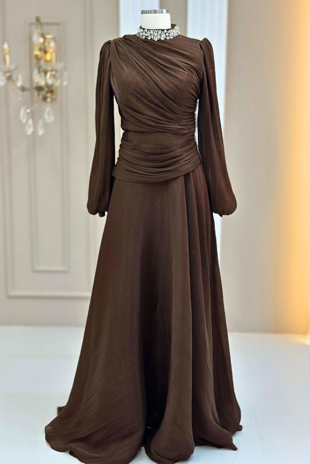 Tesettür giyim KAHVE DRAPELİ ABİYE ELBİSE T 5365 - TRENDTESETTÜR