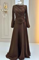 Tesettür giyim KAHVE DRAPELİ ABİYE ELBİSE T 5365