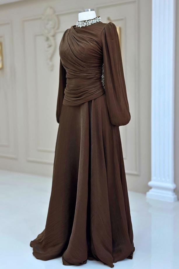Tesettür giyim KAHVE DRAPELİ ABİYE ELBİSE T 5365 - TRENDTESETTÜR
