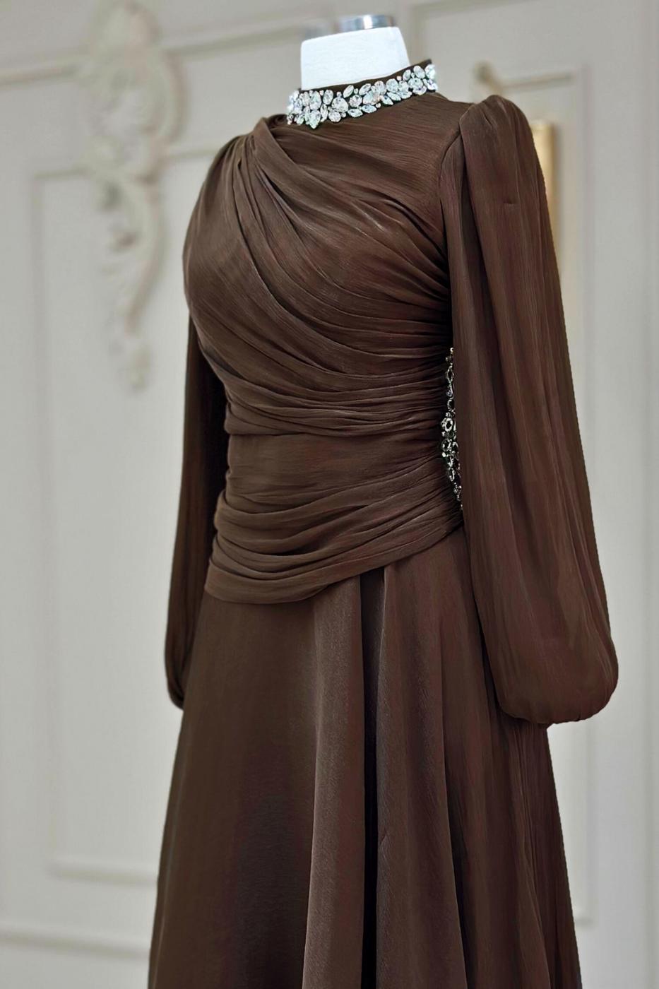 Tesettür giyim KAHVE DRAPELİ ABİYE ELBİSE T 5365