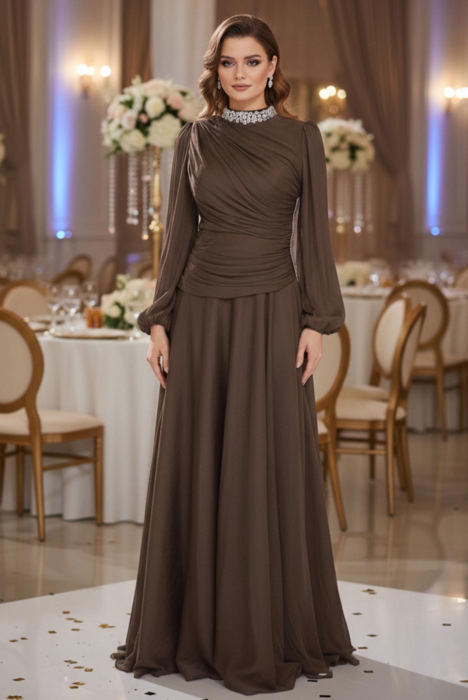 Hijab clothing BROWN DRAPED EVENING DRESS T 5365