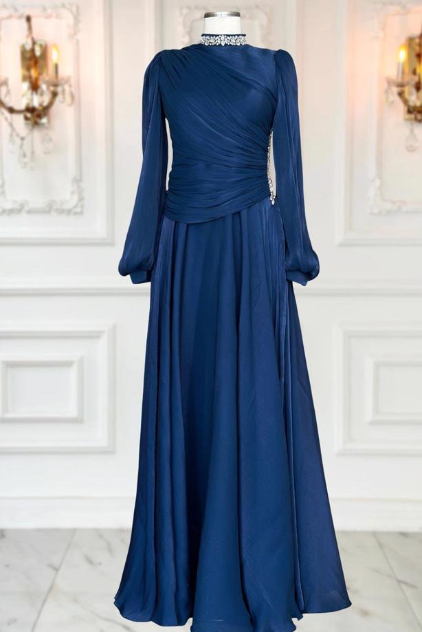 Tesettür giyim LACİVERT DRAPELİ ABİYE ELBİSE T 5365 - TRENDTESETTÜR