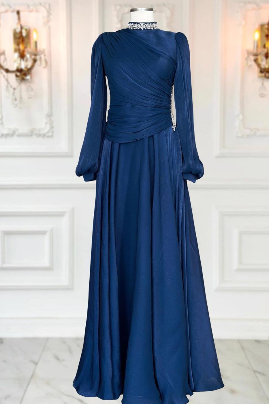 Tesettür giyim LACİVERT DRAPELİ ABİYE ELBİSE T 5365