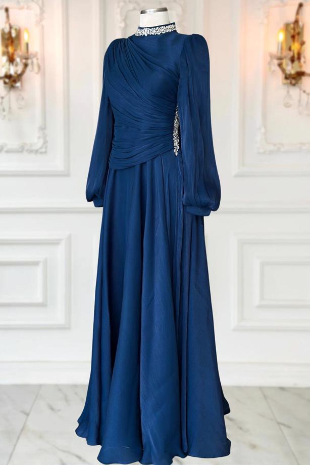 Tesettür giyim LACİVERT DRAPELİ ABİYE ELBİSE T 5365 - TRENDTESETTÜR