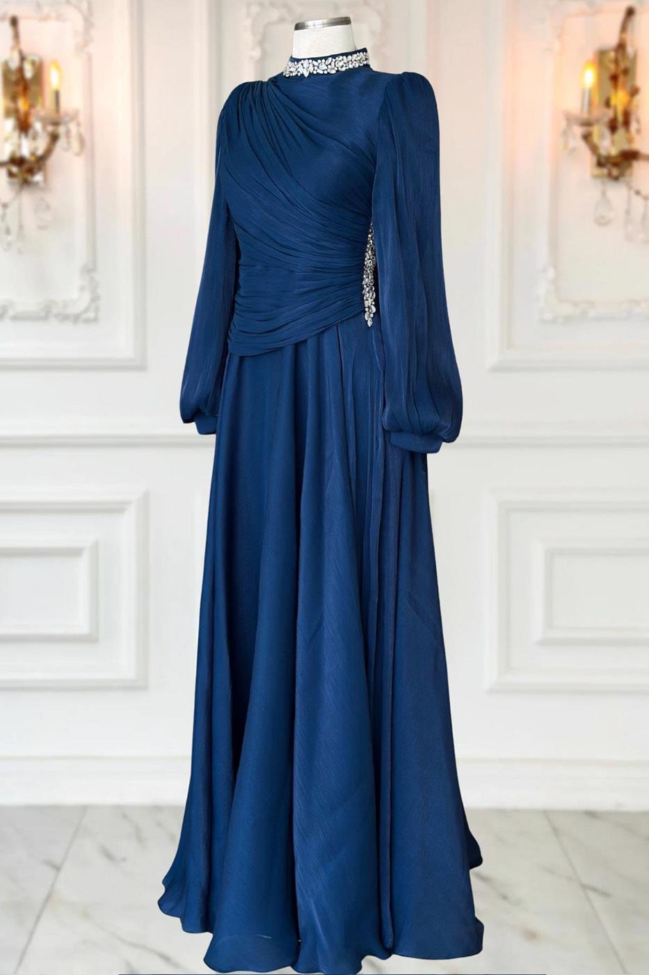 Tesettür giyim LACİVERT DRAPELİ ABİYE ELBİSE T 5365