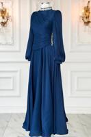 Tesettür giyim LACİVERT DRAPELİ ABİYE ELBİSE T 5365