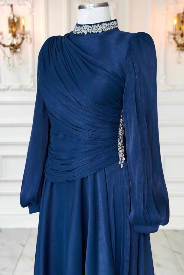 Tesettür giyim LACİVERT DRAPELİ ABİYE ELBİSE T 5365 - TRENDTESETTÜR