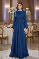 Hijab clothing NAVY BLUE DRAPED EVENING DRESS T 5365