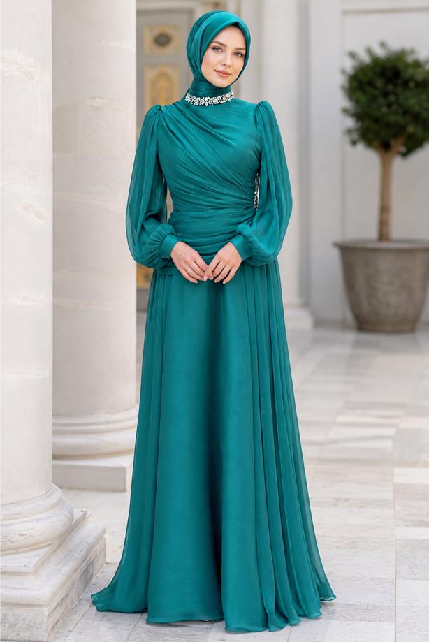Hijab clothing BLUE DRAPED EVENING DRESS T 5365 - TRENDTESETTÜR