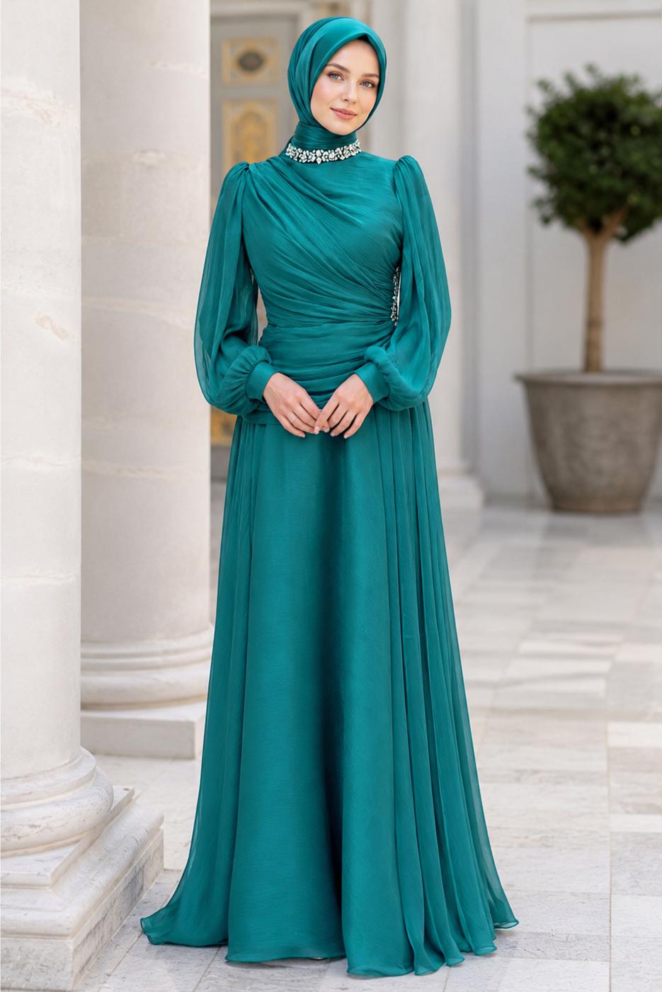 Hijab clothing BLUE DRAPED EVENING DRESS T 5365