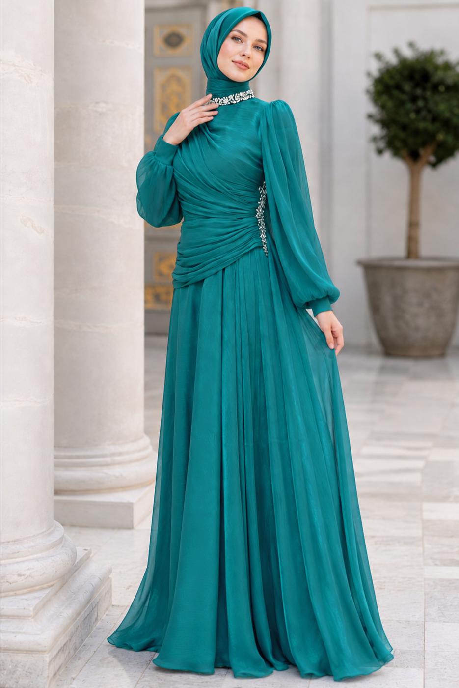 Hijab clothing BLUE DRAPED EVENING DRESS T 5365