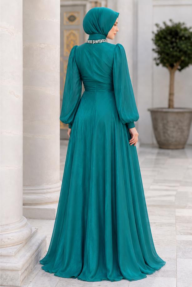 Hijab clothing BLUE DRAPED EVENING DRESS T 5365 - TRENDTESETTÜR