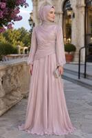 Tesettür giyim PUDRA DRAPELİ ABİYE ELBİSE T 5365