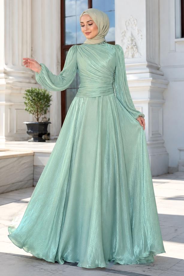 Tesettür giyim YEŞİL DRAPELİ ABİYE ELBİSE T 5365 - TRENDTESETTÜR