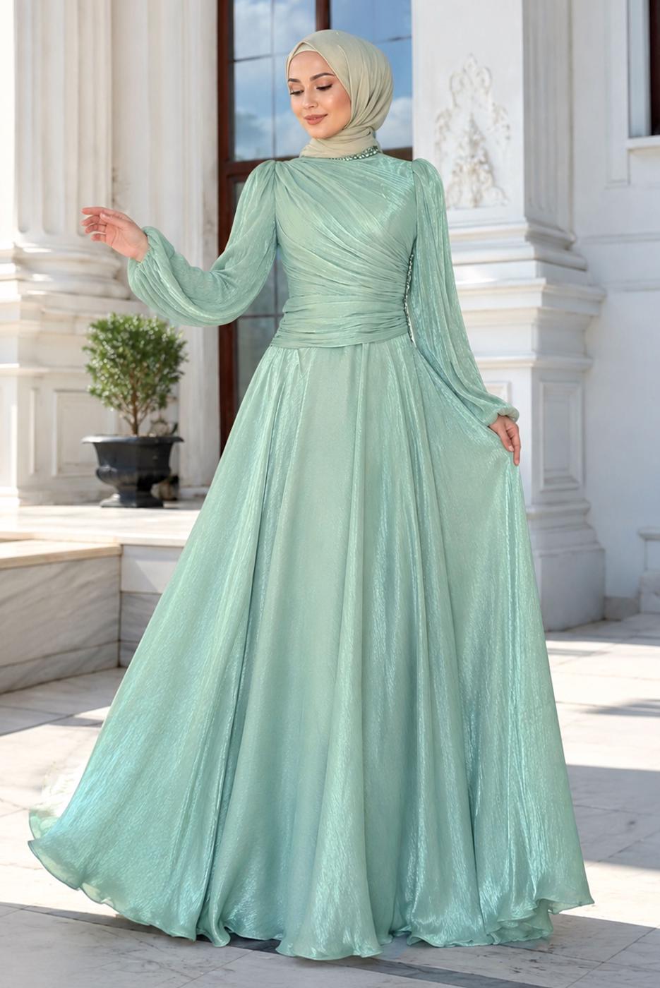 Tesettür giyim YEŞİL DRAPELİ ABİYE ELBİSE T 5365