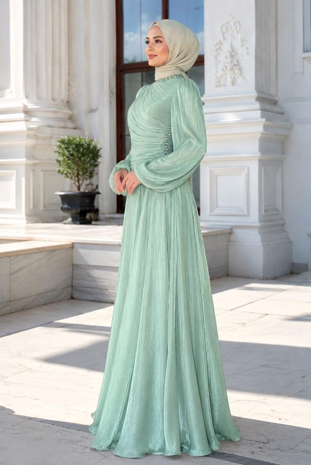 Tesettür giyim YEŞİL DRAPELİ ABİYE ELBİSE T 5365 - TRENDTESETTÜR