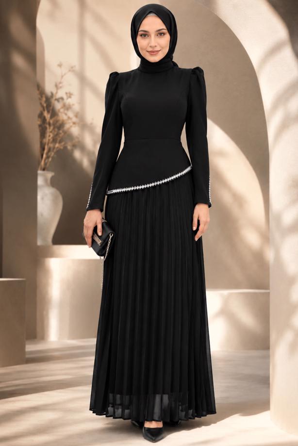 Tesettür giyim SİYAH TAŞLI PİLİSELİ ABİYE ELBİSE T 5463 - TRENDTESETTÜR
