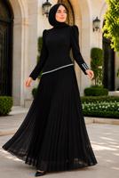 Tesettür giyim SİYAH TAŞLI PİLİSELİ ABİYE ELBİSE T 5463