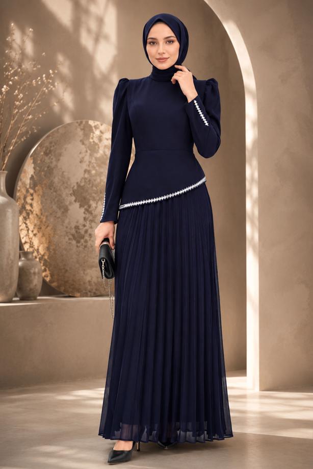 Tesettür giyim LACİVERT TAŞLI PİLİSELİ ABİYE ELBİSE T 5463 - TRENDTESETTÜR